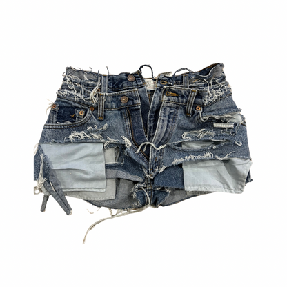 Hand-Distressed Double Denim Shorts