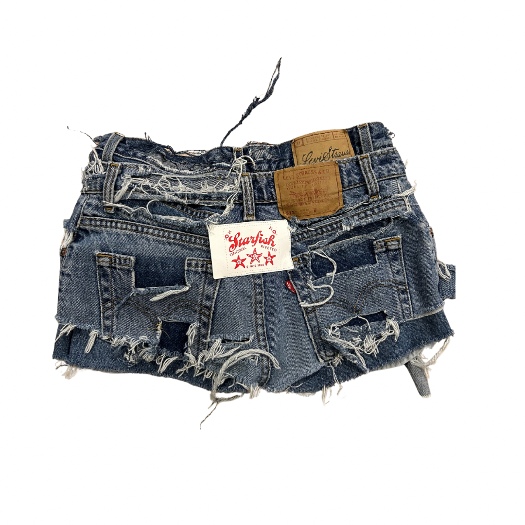 Hand-Distressed Double Denim Shorts