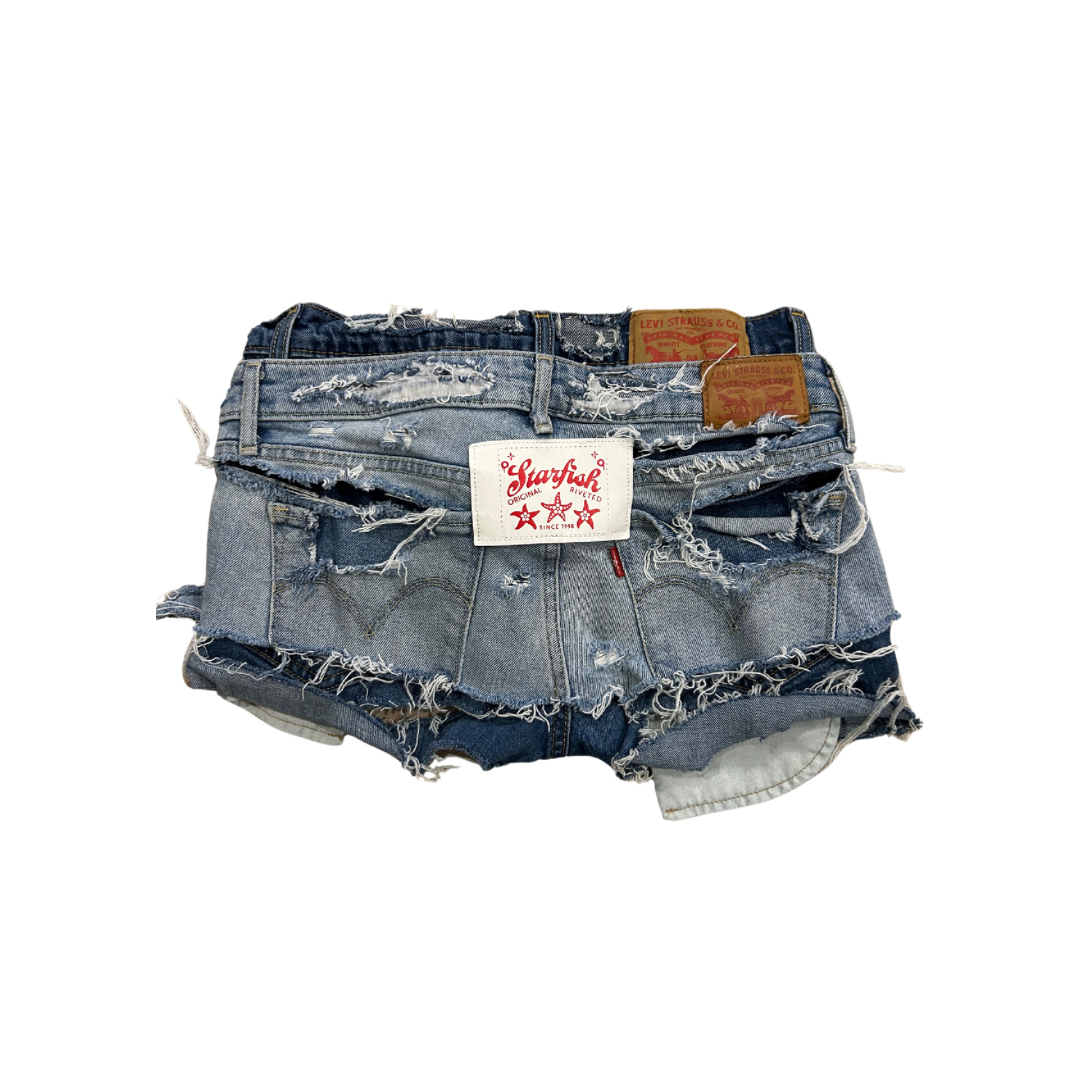 Hand-Distressed Double Denim Shorts