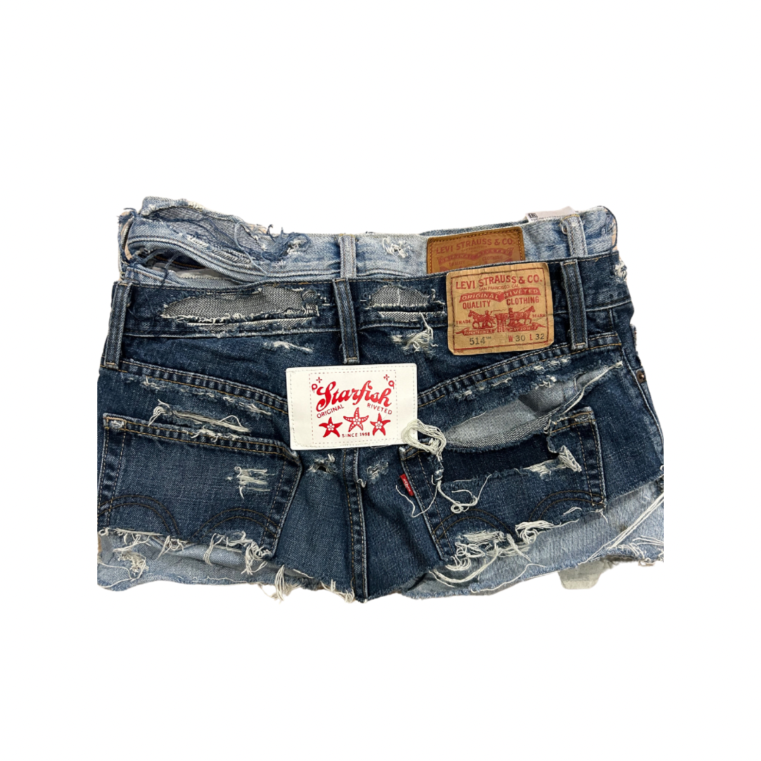 Hand-Distressed Double Denim Shorts